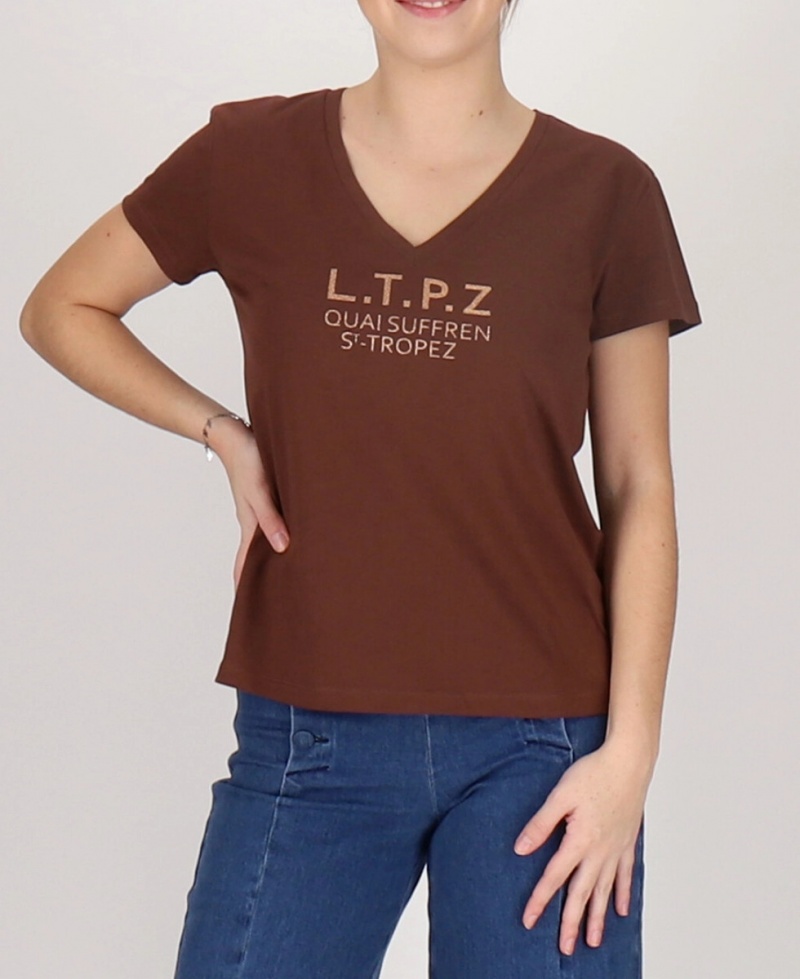 T-Shirt Les Tropeziennes CRYOSOL Corta Sleeve V-neck Chocolat Femme|XCGD-82969117